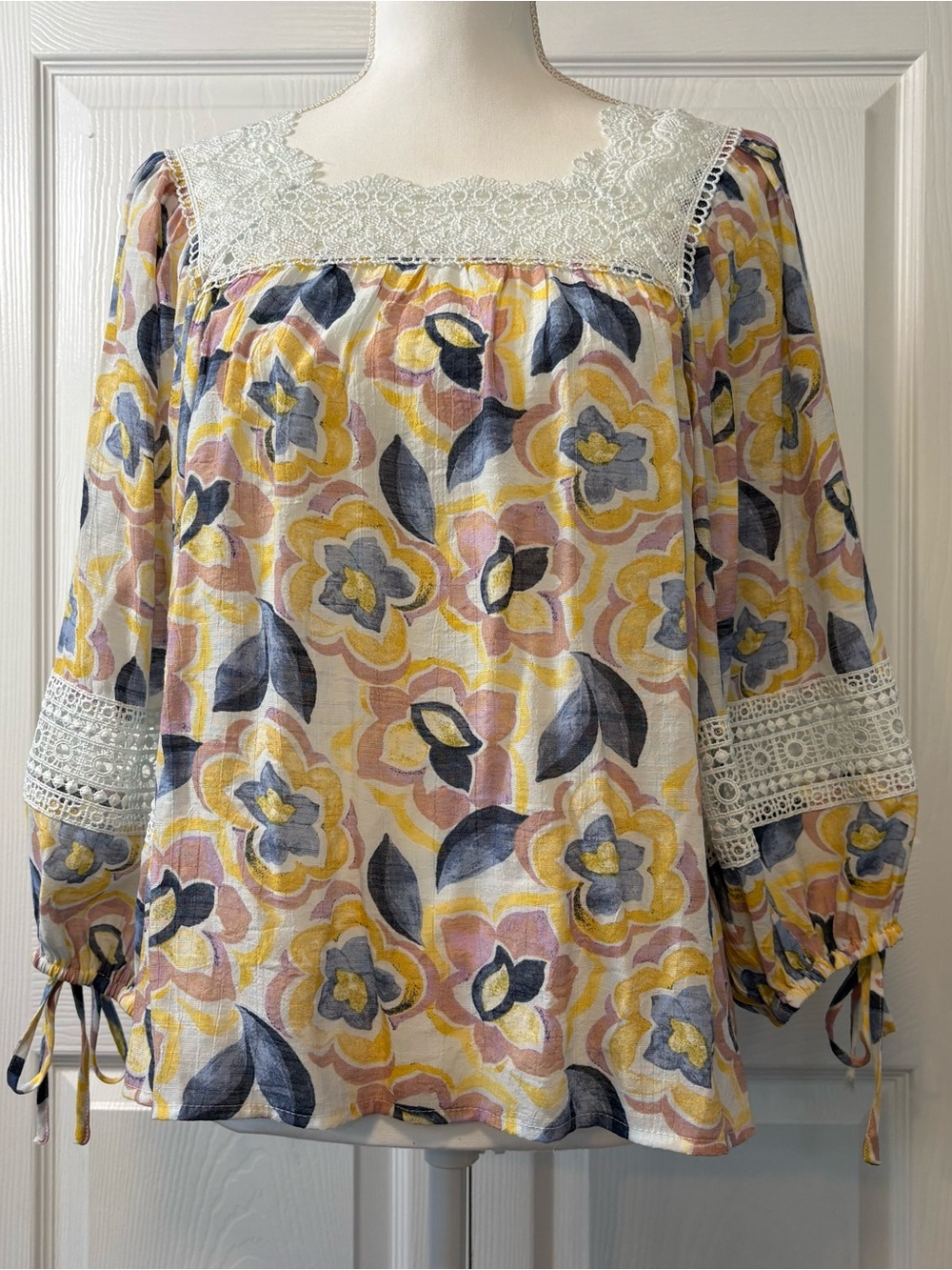 Boho Floral Lace Trim Peasant Blouse Cottagecore Balloon Sleeve Top M